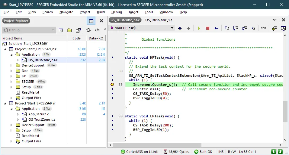 The image displays a code editor showcasing a C programming project within the SEGGER Embedded Studio. The visible code includes functions for secure task management, with comments explaining the increment of secure and non-secure counters and related task delays.