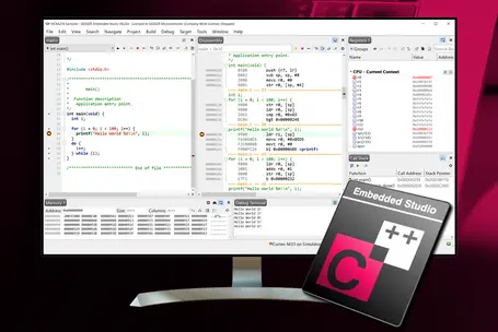 A computer screen displays code in the Embedded Studio software, showcasing a simple C program that prints "Hello World" as output. The screen includes code sections, memory addresses, and a call stack, indicating a focus on embedded programming and debugging.
