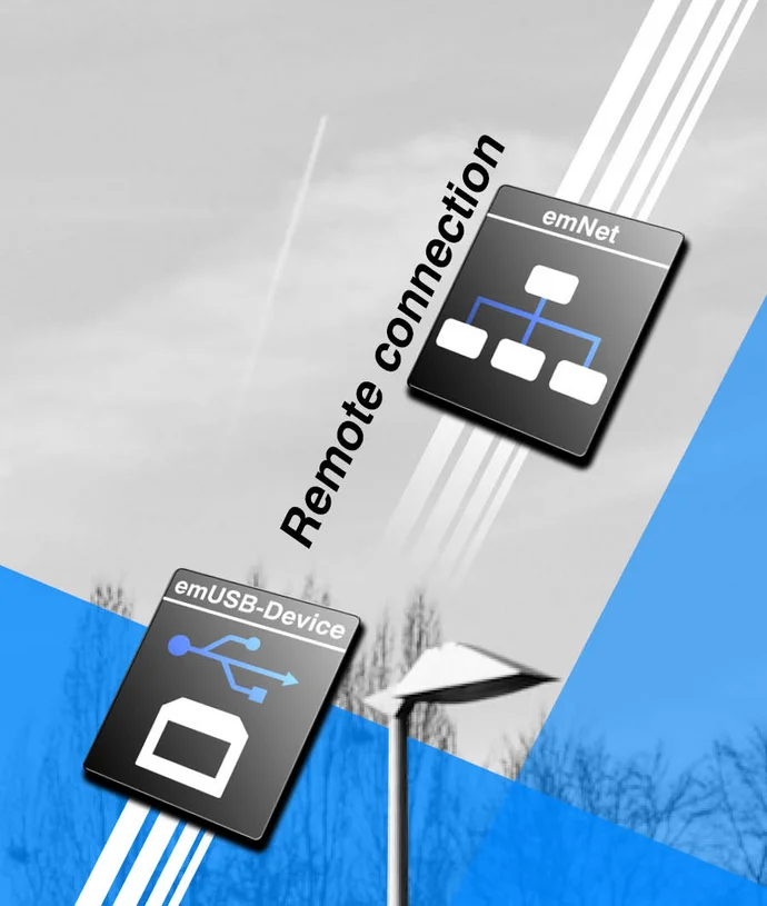The image features icons for "Remote connection," "emNet," and "emUSB-Device." These icons represent network connectivity and data transfer capabilities, with a background showcasing abstract shapes in blue and gray tones.