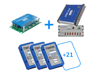 Image showing a collection of SEGGER Flasher devices, including a Flasher Hub 4, USB Hub with multiple ports, and three Flasher Compact devices. The text “+21” indicates additional features or devices. The focus is on programming and debugging tools for embedded systems.