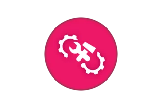 An icon featuring a pink circular background with white gears and a wrench crossed over a screwdriver, symbolizing repair or maintenance.