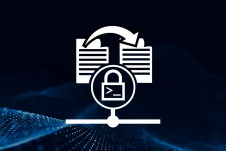 A graphic depicting two open documents with an arrow indicating transfer, and a padlock symbolizing security, all set against a dark, abstract background. The image conveys the concept of secure data transfer or information sharing.