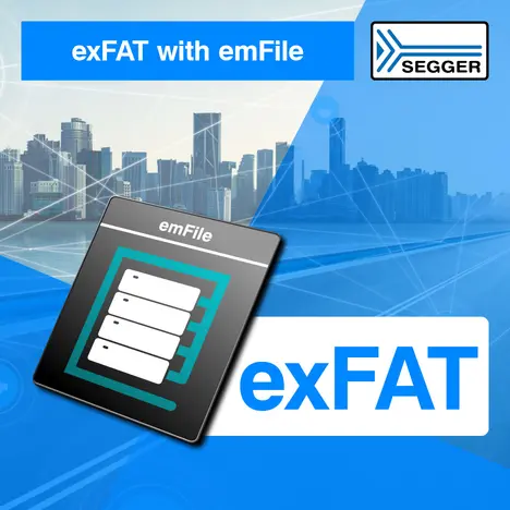 PR graphic: exFAT integration in emFile PR graphic including black exFAT icon and title exFAT with emFile