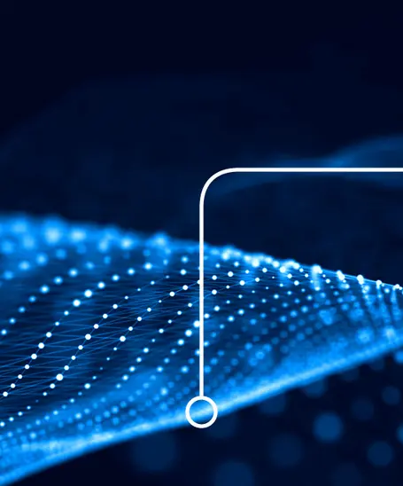 Abstract digital image featuring a wave of blue dots and lines, creating a sense of movement and depth against a dark background. A white line with a circular endpoint emerges from the wave, suggesting a connection or flow of information.
