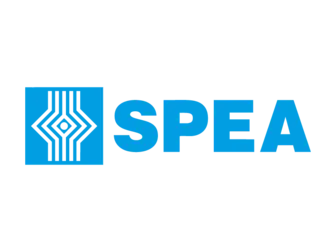 Logo of SPEA, featuring a blue square with abstract line designs and the text "SPEA" in bold blue letters beside the icon. The overall design is clean and modern, representing the brand's identity.