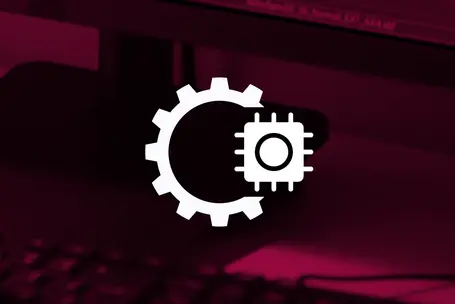A white gear icon with a microchip inside is centered in the image, set against a deep pink background. The design symbolizes technology, engineering, or innovation, suggesting a focus on hardware or software development.