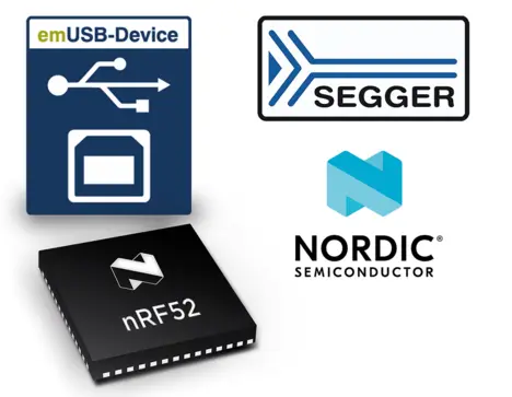 The image features logos and a microcontroller chip related to embedded USB technology. It includes the emUSB-Device logo, the SEGGER logo, the Nordic Semiconductor logo, and a depiction of the nRF52 microcontroller. These elements signify connectivity and hardware solutions in embedded systems.