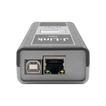 A gray device with ports on one end, labeled "J-Link Pro." It features a square USB port and an Ethernet port, both for connectivity. The surface has a textured design for grip. It is designed for programming and debugging electronic devices.