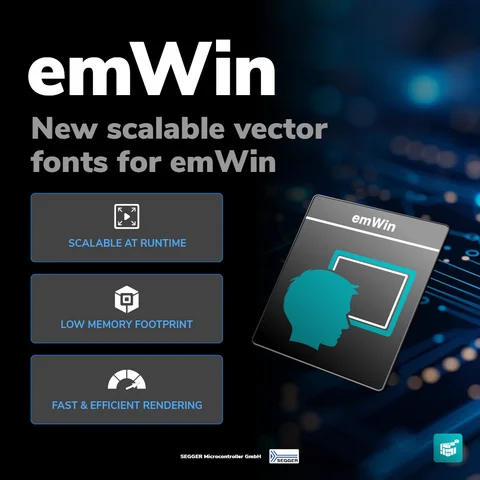 Introduction to emWin, featuring new scalable vector fonts. Highlights include: scalable at runtime, low memory footprint, and fast, efficient rendering. The design includes an image of a silhouette and technology-themed background elements.