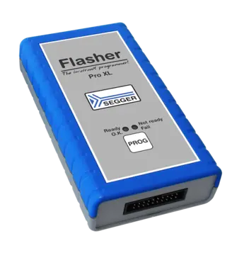 An in-circuit programmer, labeled "Flasher Pro XL," featuring a grey front with blue edges. The device has buttons indicating status: "Ready," "Not Ready," and "Fail," along with a "PROG" button. It is designed for programming electronic circuits.