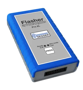 An in-circuit programmer, labeled "Flasher Pro XL," featuring a grey front with blue edges. The device has buttons indicating status: "Ready," "Not Ready," and "Fail," along with a "PROG" button. It is designed for programming electronic circuits.