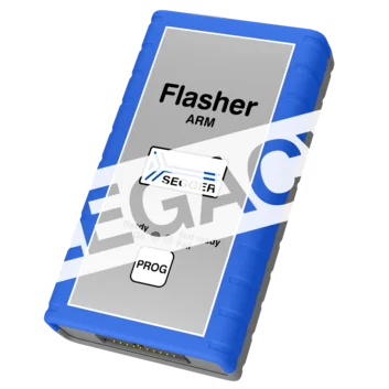 Image of a device labeled "Flasher ARM" with a blue casing. The front features buttons for "Ready," "Not ready," and "Fail," along with a "PROG" button. The device is used for programming and debugging ARM microcontrollers.