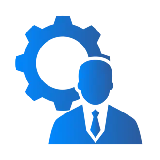 Illustration of a suited figure with a simplified gear symbol behind their head, representing the concept of management or engineering. The image is primarily blue and emphasizes a professional and technical theme.