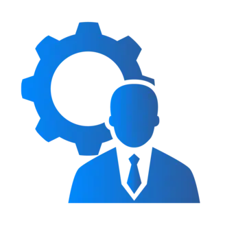 Illustration of a suited figure with a simplified gear symbol behind their head, representing the concept of management or engineering. The image is primarily blue and emphasizes a professional and technical theme.