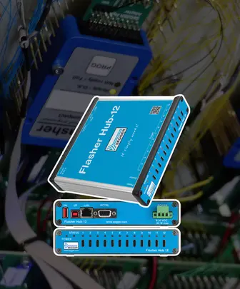 Flasher Hub-12 Front and backside of Flasher Hub-12 including interfaces