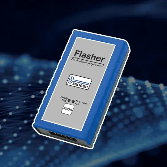 A blue and gray in-circuit programmer labeled "Flasher" is displayed. It features a logo for SEGGER and indicators for "Ready," "Not ready," and "Fail" status. The device is used for programming electronic circuits. The background has a digital design.