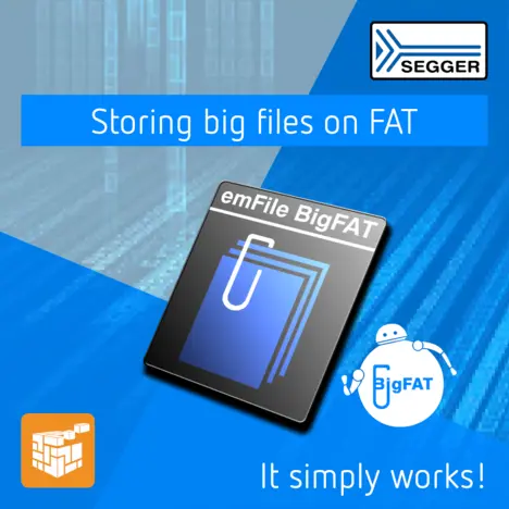 Graphic promoting emFile BigFAT technology, which facilitates storing large files on FAT systems. The image features a logo with a paperclip icon symbolizing file management, alongside the tagline "It simply works!" and branding from SEGGER. The background has shades of blue and abstract patterns.