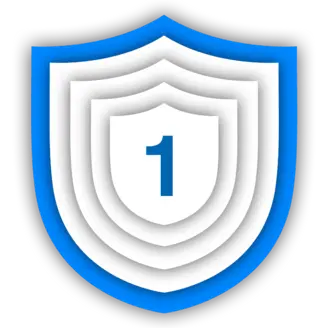A layered shield emblem featuring a central number "1" in blue font. The shield has a gradient design with multiple layers, alternating between white and shades of blue. The overall shape is classic and symbolizes security and achievement.