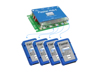 The image shows a Flasher Hub-4 device at the top, with four connected Flasher units below it. The Hub facilitates communication between the units, indicated by blue lines. Each Flasher unit displays status labels, showing readiness for programming or failure.