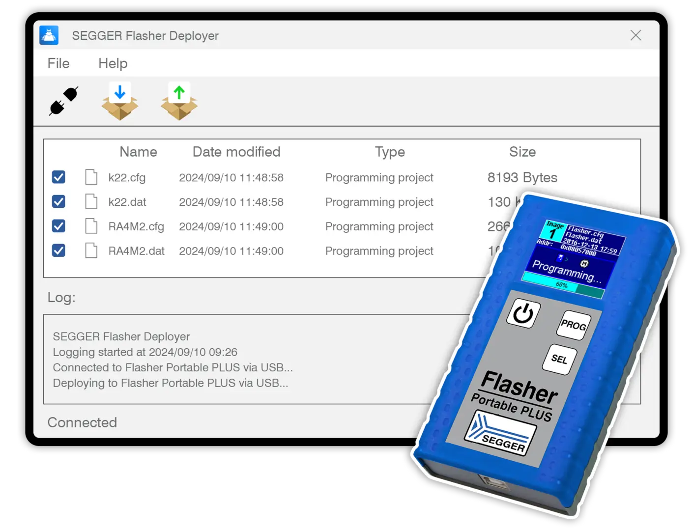 Flasher Portable PLUS – battery-powered service programmer Screenshot of Flasher Deployer, listing four programming projects, blue Flasher Portable PLUS programmer