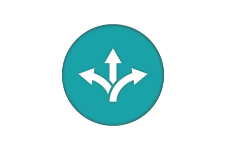 An icon featuring a circular teal background with three white arrows pointing in different directions, symbolizing choices or pathways.