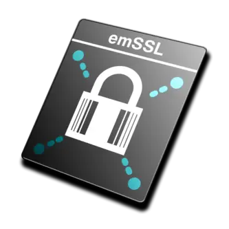 A graphic featuring the text "emSSL" at the top and a central white padlock icon, surrounded by circular elements in light blue. The design suggests themes of security and encryption.