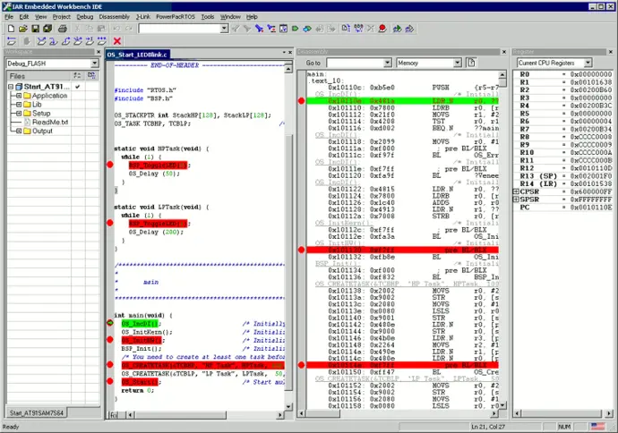 The image shows a software development environment with code for a microcontroller, displaying functions for initializing tasks, including OS_CreateTask and LED blinking. The left pane lists files and functions, while the right pane shows assembly language instructions and current CPU register values.
