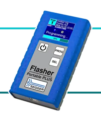 A blue handheld device labeled "Flasher Portable PLUS" is shown. It has a digital screen displaying programming status and buttons for power, programming, and selection. The device is used for programming purposes.