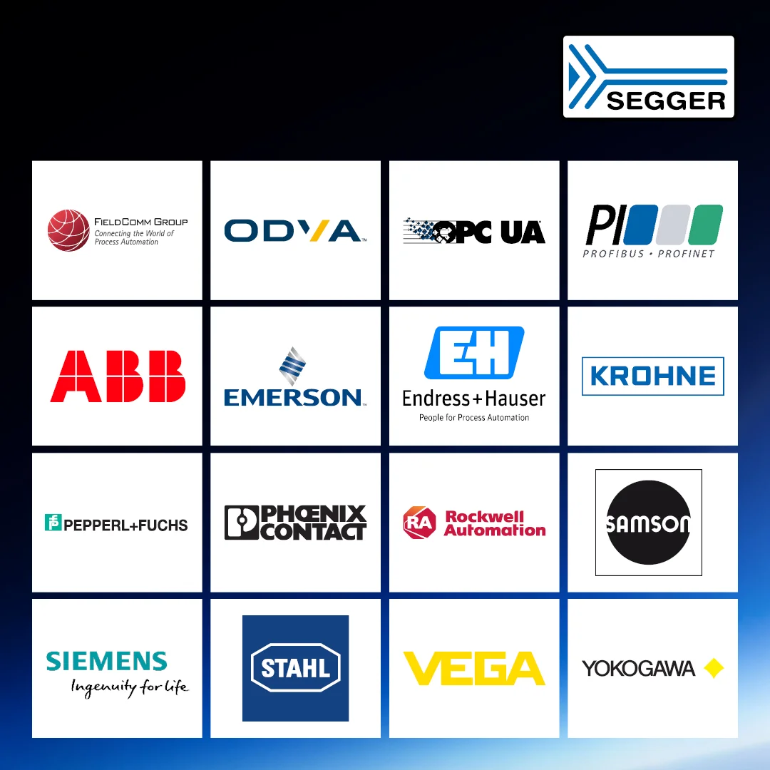 A grid of logos representing various companies involved in process automation and technology, including SEGGER, FieldComm Group, ODVA, ABB, Emerson, Endress+Hauser, and others. The layout showcases partnerships in the field, emphasizing contributions to automation solutions.