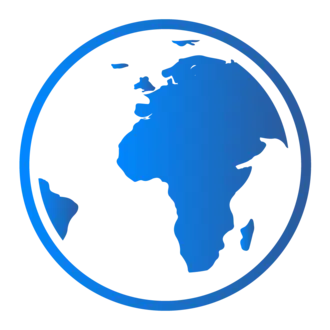 A stylized blue globe highlighting the continent of Africa, enclosed in a circular outline. The design emphasizes the Earth's shape, focusing on geographical features without additional details.
