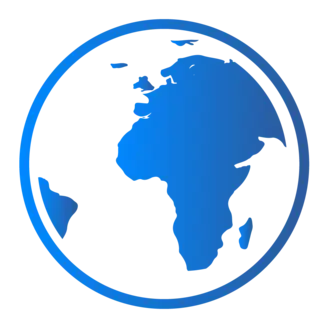 A stylized blue globe highlighting the continent of Africa, enclosed in a circular outline. The design emphasizes the Earth's shape, focusing on geographical features without additional details.