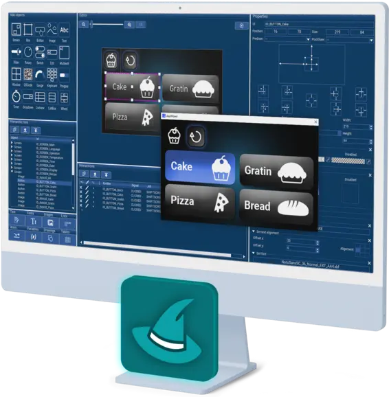 A computer screen displays a food selection interface featuring buttons for "Cake," "Gratin," "Pizza," and "Bread." The background is a blue user interface utilized for editing applications. A logo featuring a wizard's hat is visible at the bottom of the screen.