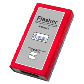 A red rectangular device labeled "Flasher" with a gray center, designed for in-circuit programming. It features a logo, indicators for status (Ready, Not Ready, Fail), and a button labeled "PROG." The device is compact and is used for programming electronic components securely.