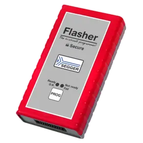 A red rectangular device labeled "Flasher" with a gray center, designed for in-circuit programming. It features a logo, indicators for status (Ready, Not Ready, Fail), and a button labeled "PROG." The device is compact and is used for programming electronic components securely.