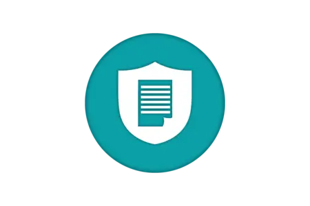 A circular icon featuring a stylized shield with a document and lines representing text inside it, symbolizing protection and security of information or documents. The color scheme is predominantly teal.