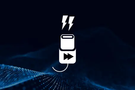 Charge devices faster using emUSB-C PD Use case graphic: Black background, USB-C plug including fast forward icon