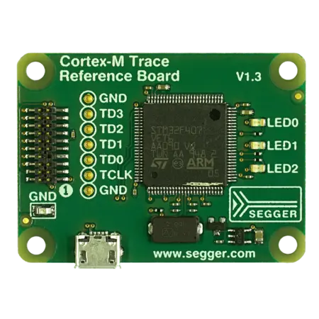 Image description: A green circuit board labeled "Cortex-M Trace Reference Board V1.3" featuring an STM32F407 microcontroller at the center. Various terminals and components are arranged along the edges, including LEDs and connection points for data and power. The board is designed for embedded systems.