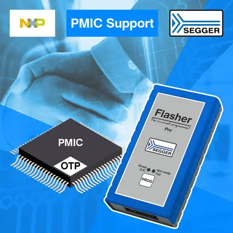 News graphic: Flasher support for NXP PF8101/PF8201 PMIC News graphic including NXP chip and SEGGER Flasher PRO