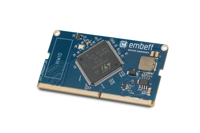 A close-up view of a blue circuit board featuring various electronic components, including a central chip labeled "STM32F" and several smaller chips and connectors. The board is designed for embedded systems, emphasizing functionality and integration for technological applications.