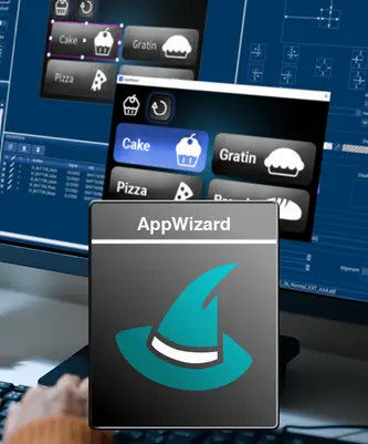 The image displays a computer screen showcasing the AppWizard interface, featuring buttons for food items like Cake, Gratin, and Pizza. The AppWizard logo, a stylized wizard hat, is highlighted in the foreground, indicating a software tool for app development.