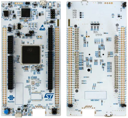 The image features two sides of a Nucleo development board, identified as ST MB1364C. It displays various electronic components, connectors, and pins, which facilitate connectivity and functionality for programming and development projects. The design is predominantly white with blue markings.