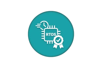 Icon representing a Real-Time Operating System (RTOS), featuring a microchip with the letters "RTOS," a clock symbol, and a badge to symbolize certification or quality assurance. The background is teal.