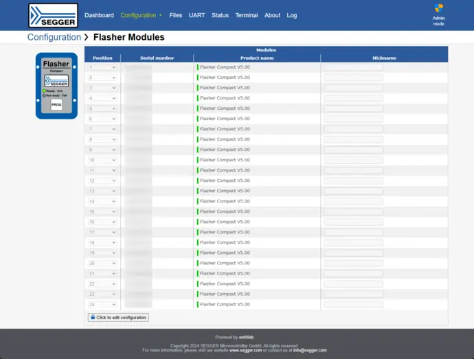 A webpage titled "Configuration > Flasher Modules" displays a table with columns for position, serial number, product name, and nickname. Multiple rows are listed, primarily showing "Flasher Compact V5.00" under the product name, with multiple empty fields for serial numbers and nicknames.