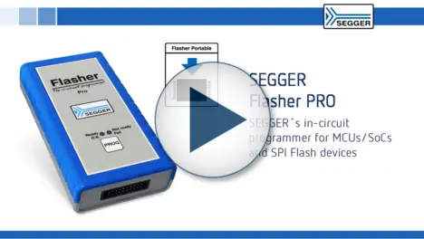 Image of the SEGGER Flasher Pro, an in-circuit programmer for microcontrollers and SPI Flash devices. The device features a blue casing with a silver faceplate displaying the name "Flasher Pro" and indicators for operational status.