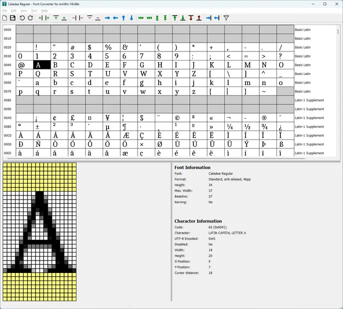 The image displays a grid representing font data for the letter "A" in the Caladea Regular typeface. The main focus is on a large, stylized letter "A" at the center, surrounded by accompanying character information and settings relevant to font attributes.