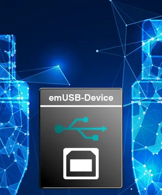 An illustration of an emUSB device, featuring a central black panel with the label "emUSB-Device" and a USB icon. The background displays a network of blue, glowing connections, suggesting technological connectivity and data transfer capabilities.