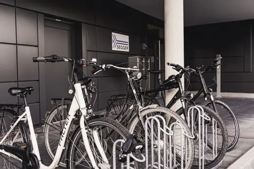 Job bikes at the entrance of one of our two office buildings