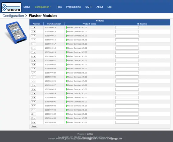 Web server showing configuration options of Flasher Compacts with Flasher Hub