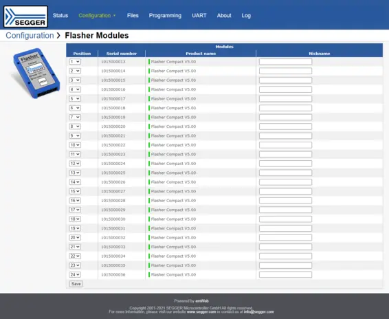 Web server showing configuration options of Flasher Compacts with Flasher Hub