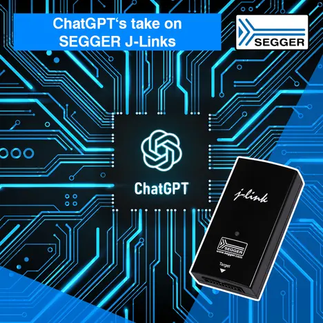 An electronic device labeled 'j-link' on a circuit board background, with the ChatGPT logo above it. The text reads "ChatGPT's take on SEGGER J-Links." The design features blue and black colors, emphasizing technology and connectivity.
